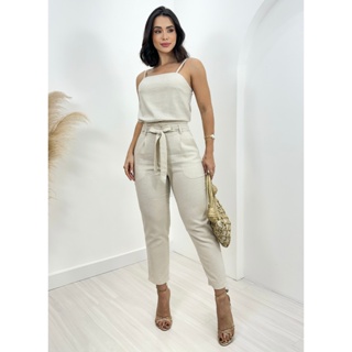 Conjunto Alfaiataria Feminino LINHO Regata Alça Com Regulador + Calça Pantacur Com Cinto Embutido em Oferta na Shopee
