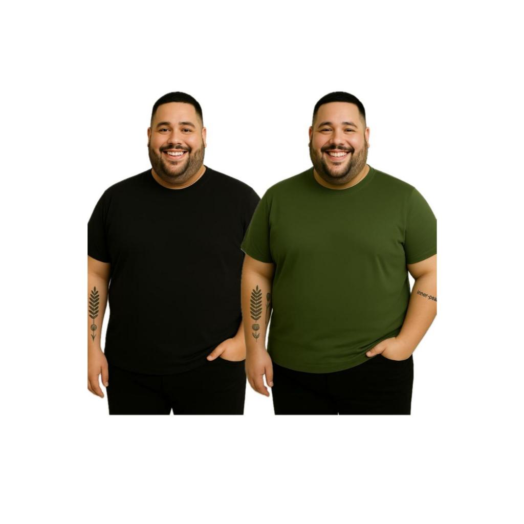 Kit 2 Camiseta Masculina Plus Size G1 ao G4 Malha Peruana 40.1 Algodão com Elastano Pima Camisa Lisa Básica Tamanho Gran