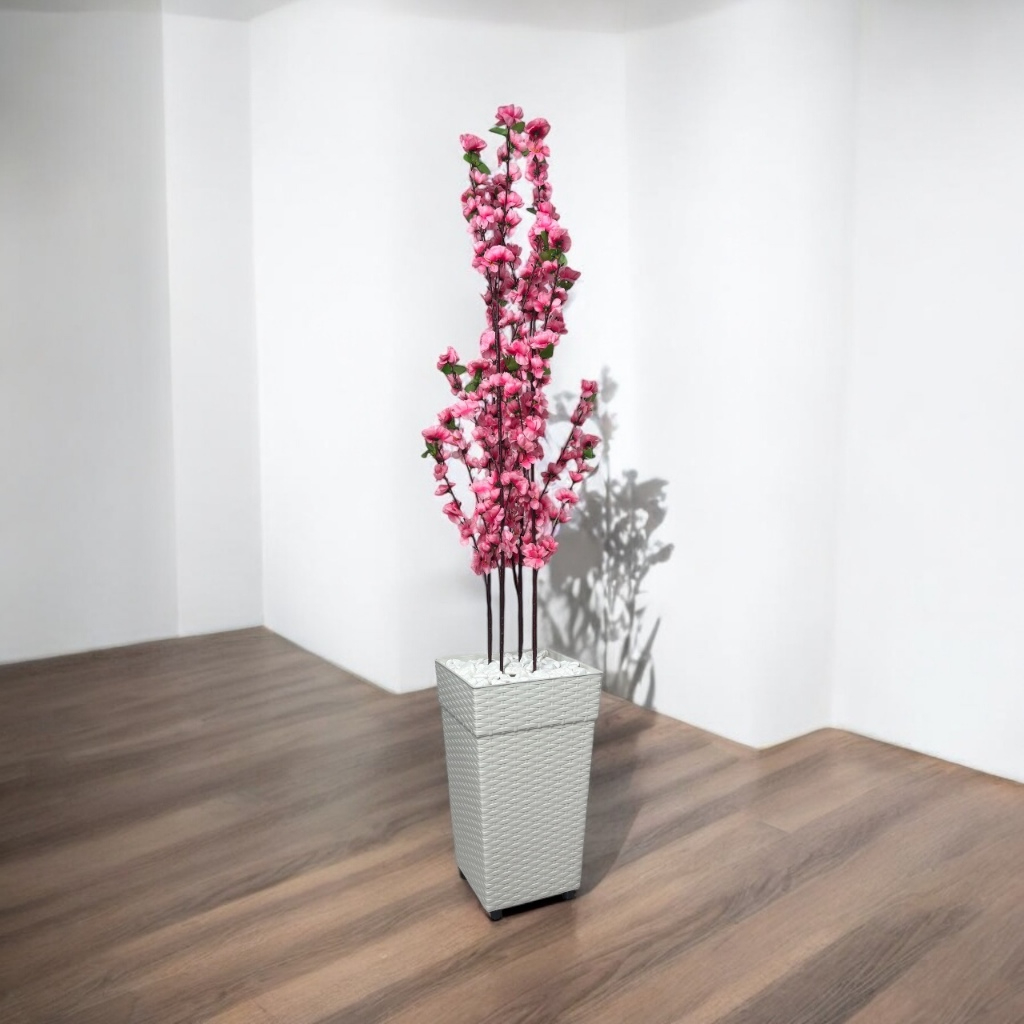 Planta Artificial Cerejeira 4 Hastes Rosa Bebe Com Vaso Grande