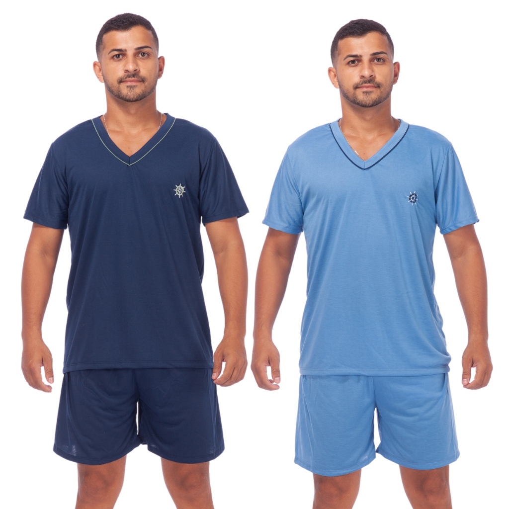 Kit 2 Pijamas Masculino Adulto Blusa Manga Curta e Short Malha Verão Promoção