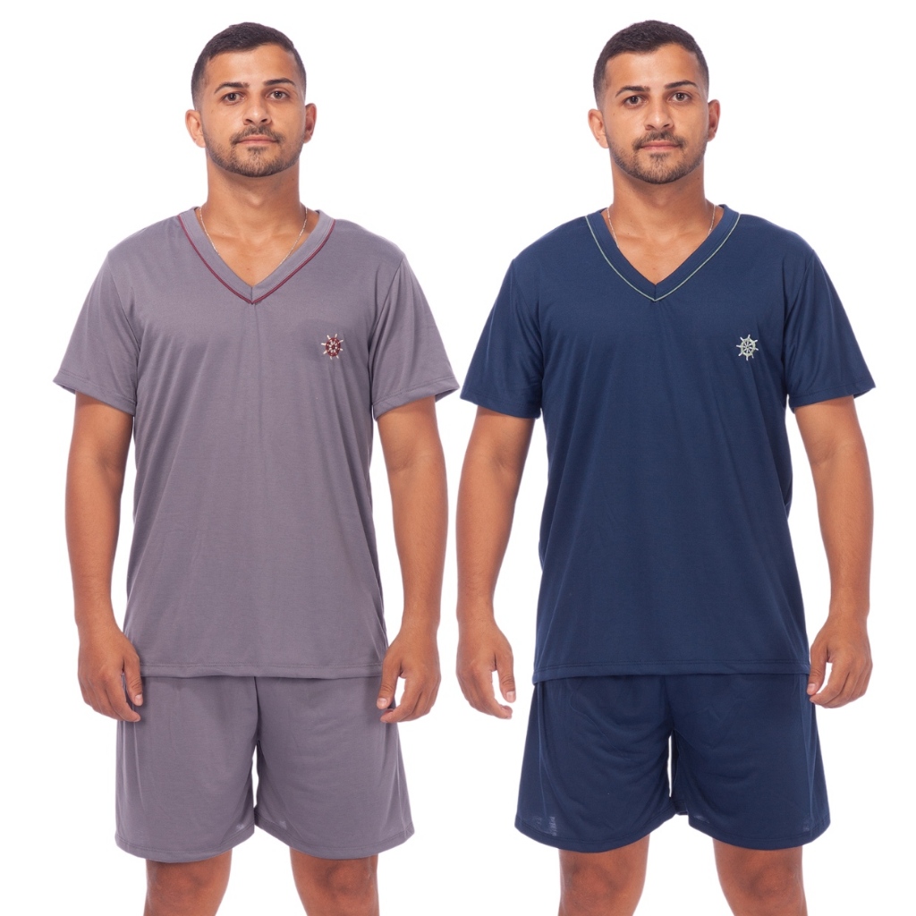 Kit 2 Pijamas Masculino Adulto Blusa Manga Curta e Short Malha Verão Promoção