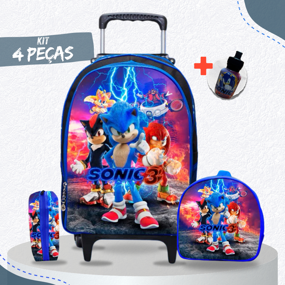 Mochila escolar de Rodinha + Lancheira e estojo Sonic 3 em Oferta na Shopee