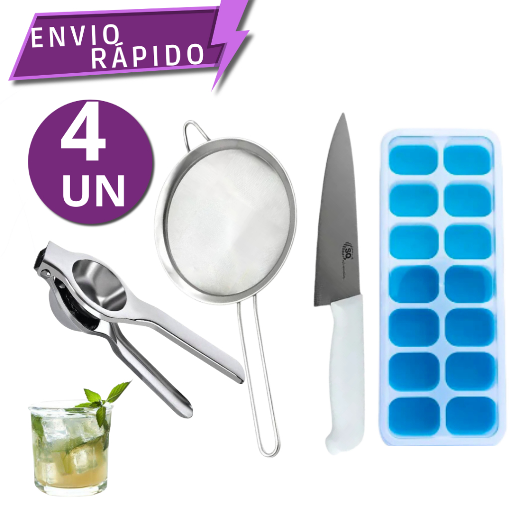 Kit Faca 7' Espremedor Sucos Peneira Forma de Gelo silicone Preparar Bebidas Corte de Alimentos em bares cozinhas casas.