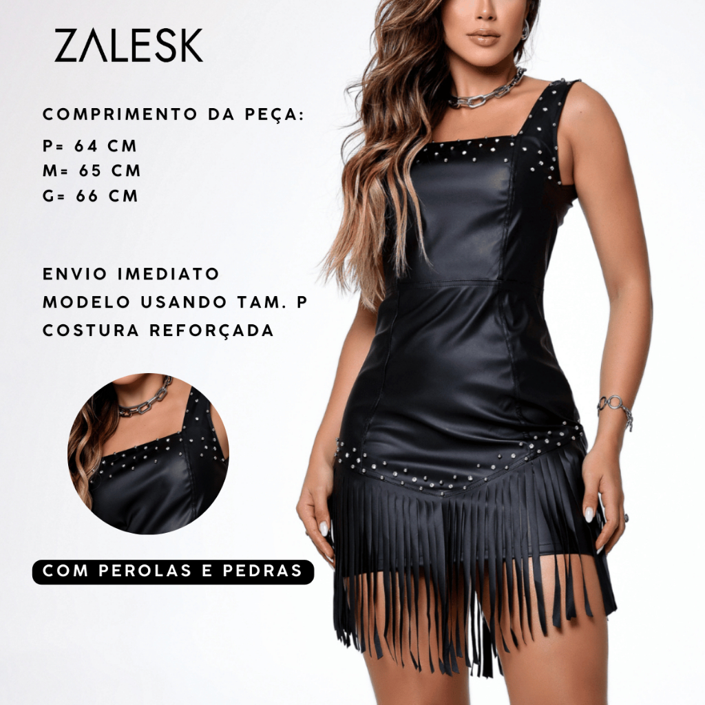 Vestido Curto Couro Franjas E Pedrarias Maria Clara