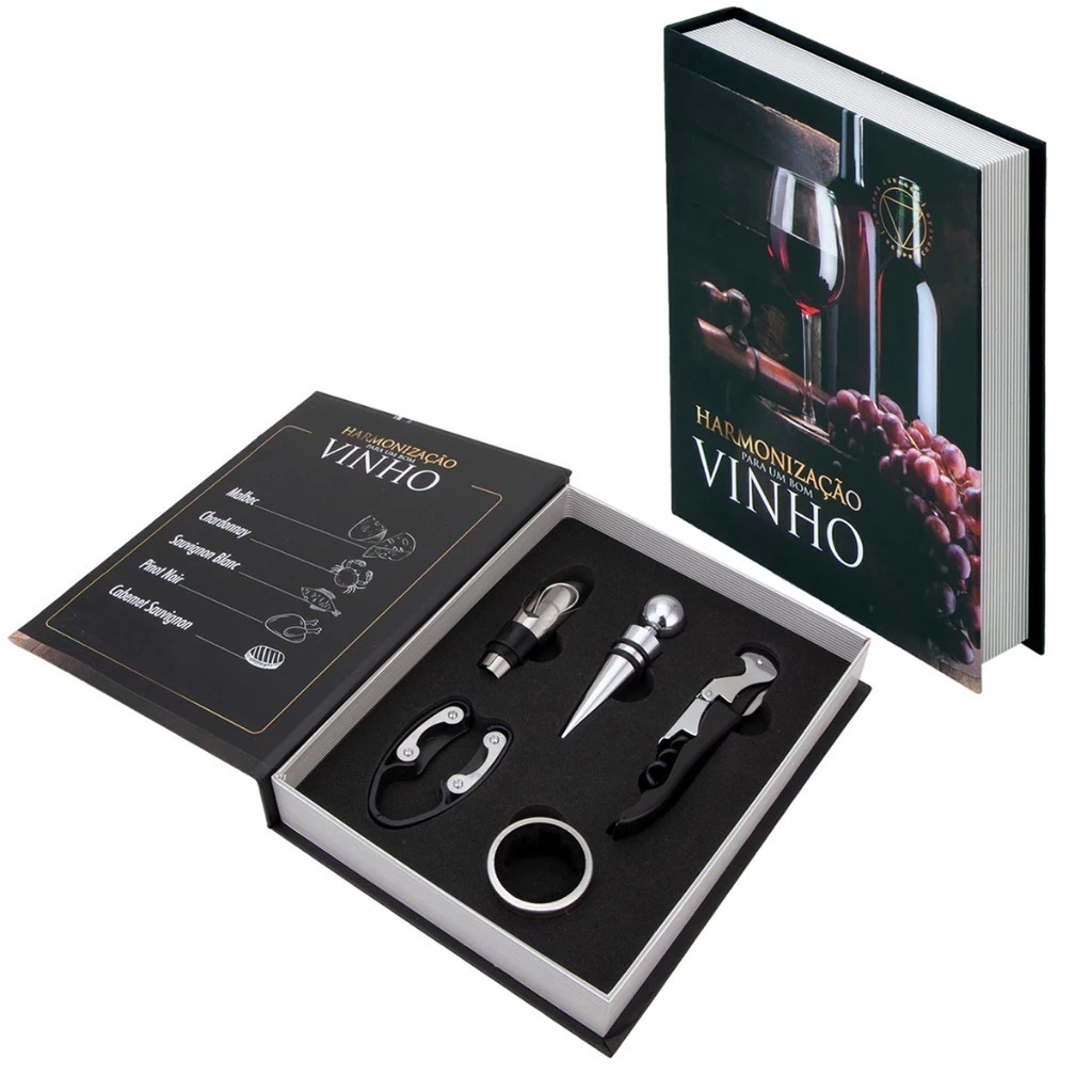 Kit Vinho 5 Peças em Formato de Livro – Abridor, Saca-Rolhas, Dosador e Tampa