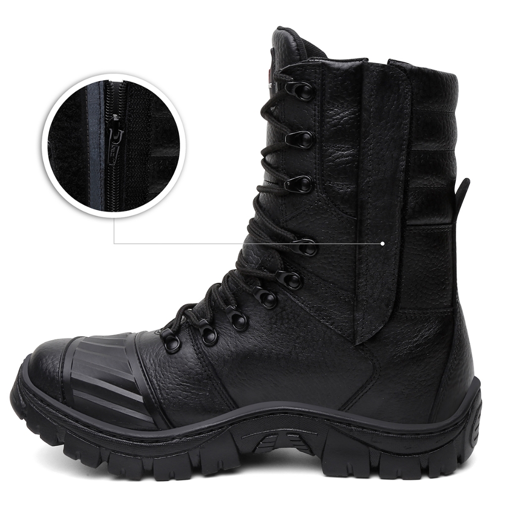 Bota Coturno Militar Masculino Couro Legitimo Cano Alto Zíper Lateral Motociclista Super Macia e Confortavel