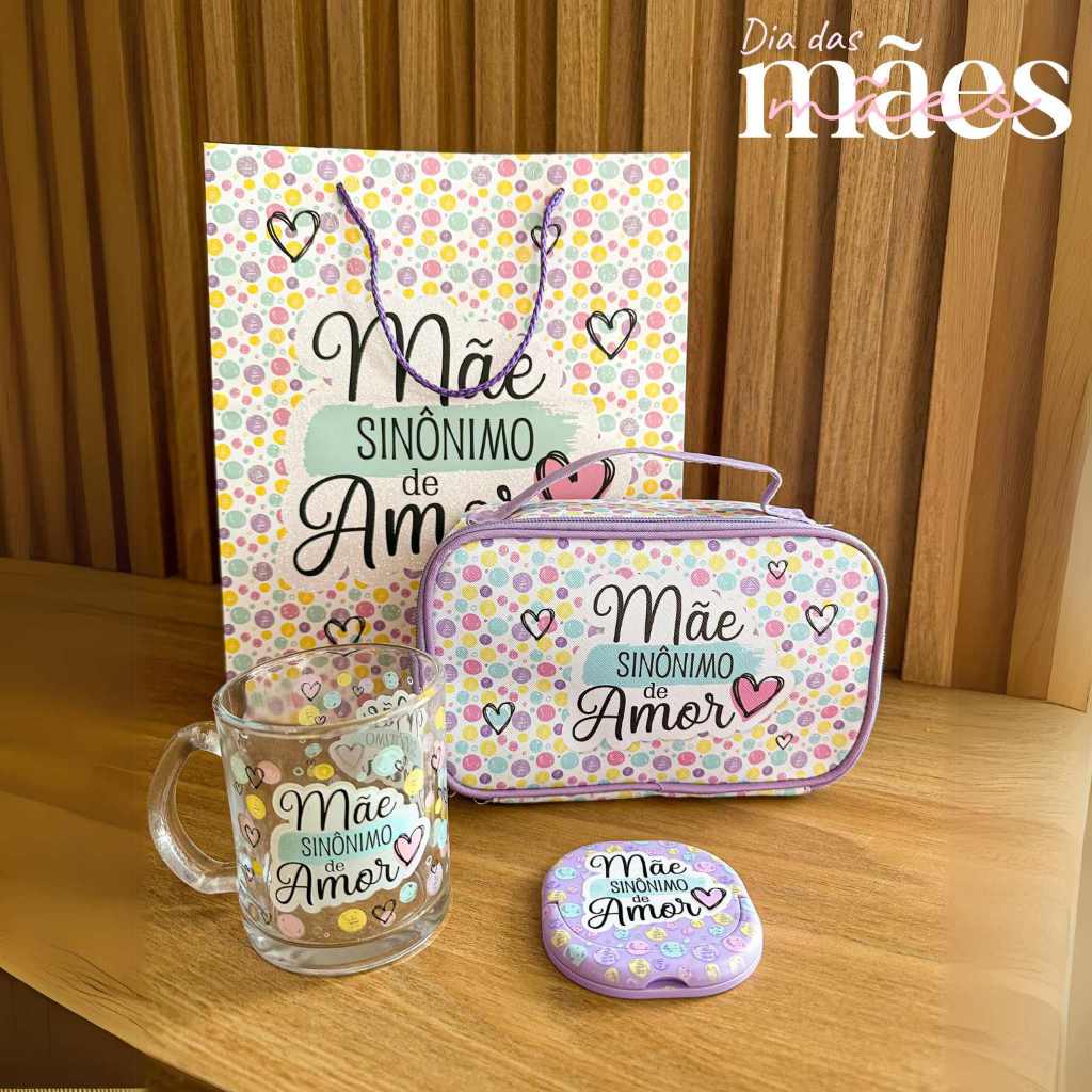KIT PRESENTE Necesseire Grande + Caneca de Vidro 320ml + Espelho de Bolsa - Dia das Mães - SACOLA BRINDE