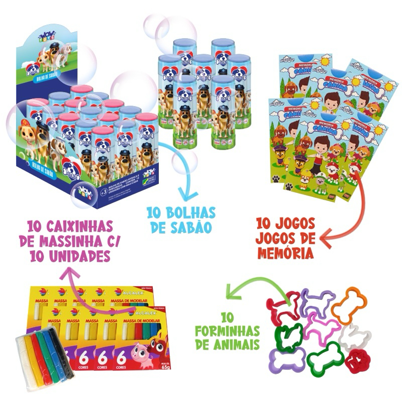 Kit 10 Bolinha de sabão + 10 Massinha+ 10 Cortador + 10 jogo da memória lembrancinhas de aniversario patrulha canina paw