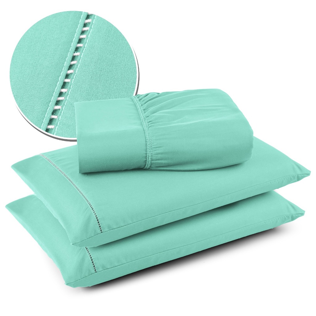 Jogo de Lençol 03 Peças Cama Casal Tecido Micropercal 400 Fios Fronhas com Ponto Palito - LAURINHA DECOR