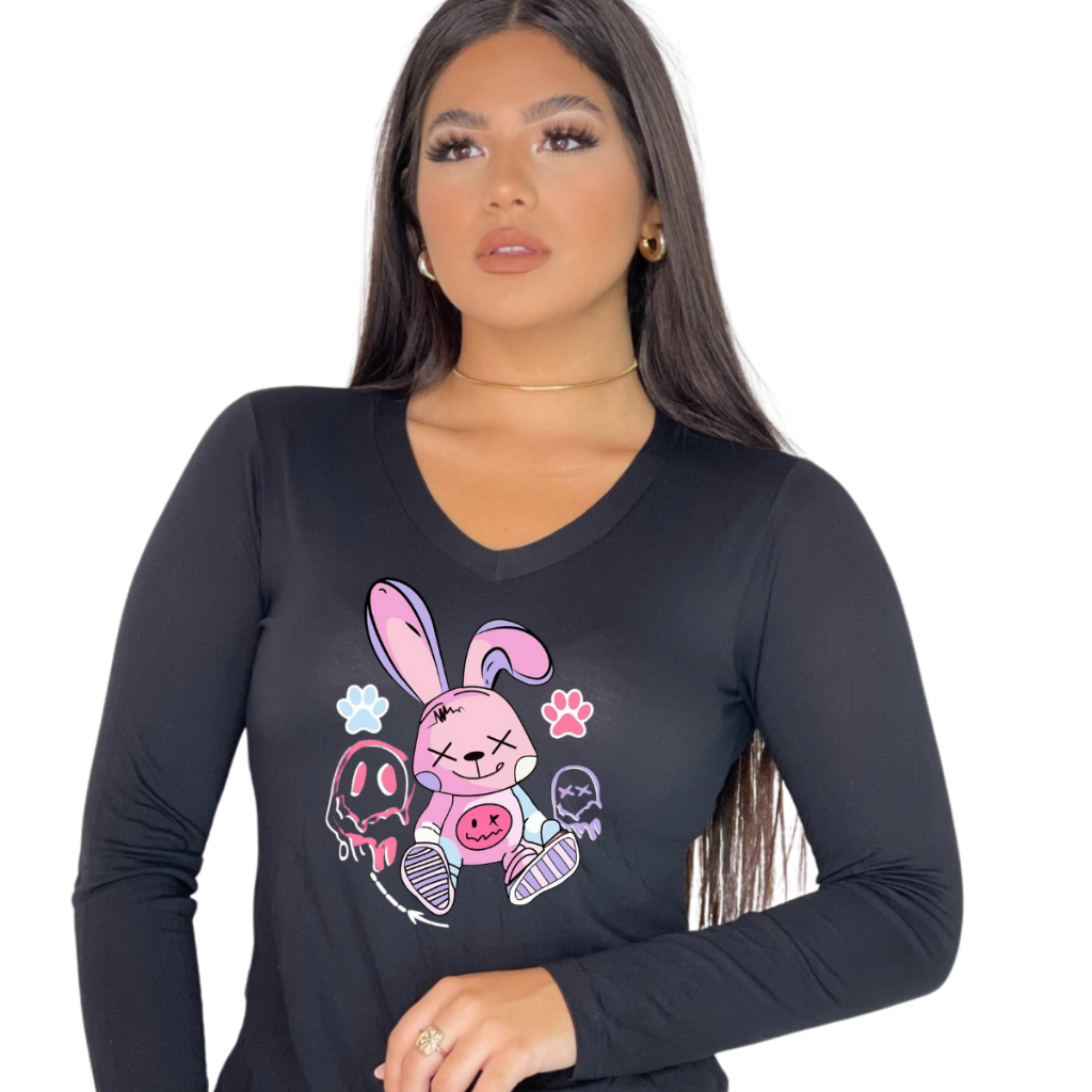 Blusa de Frio Feminina Estampada Ursinho com fantasma Gola V Manga Longa Casual, Inverno