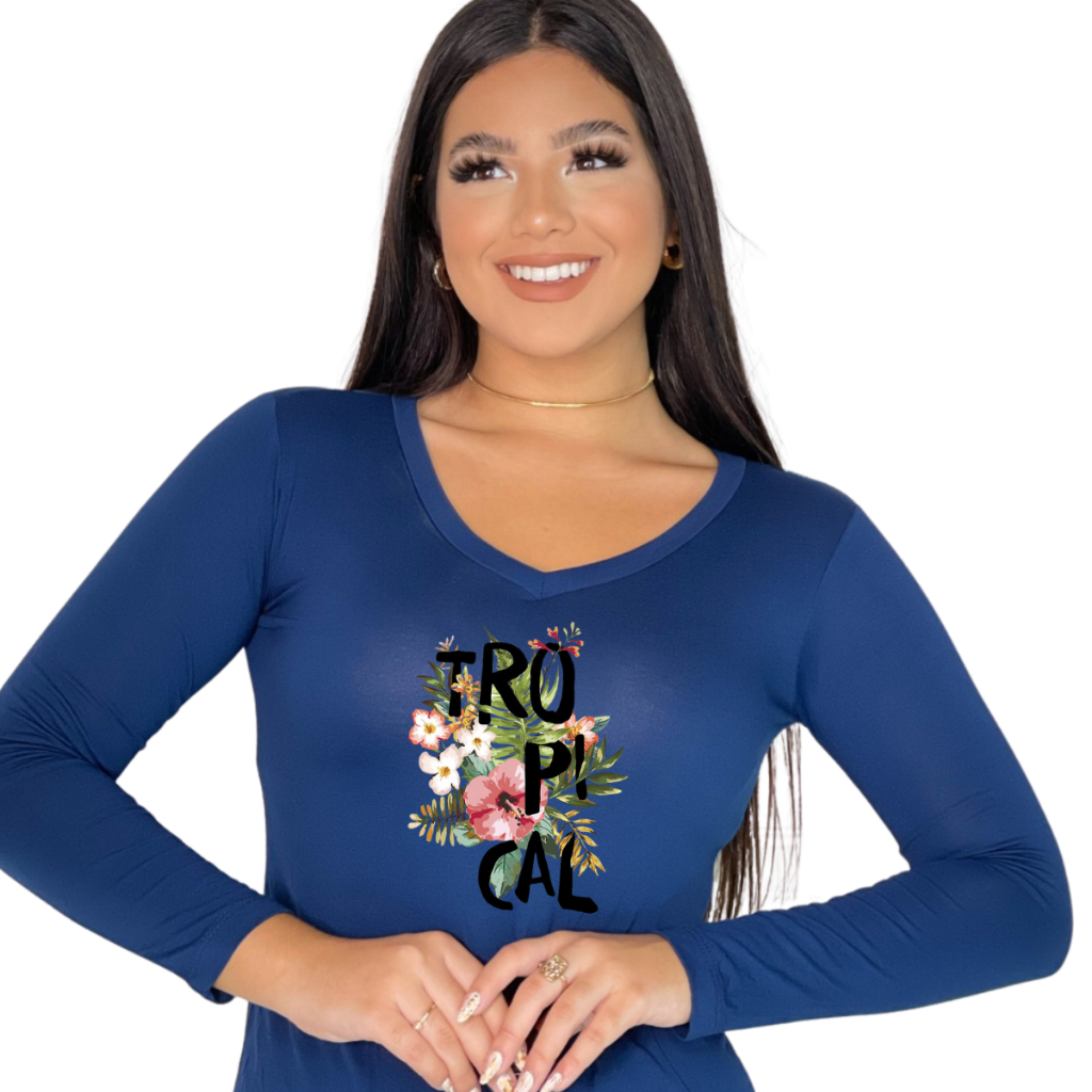 Blusa de Frio Feminina Estampada Tropical Gola V Manga Longa Casual, Inverno
