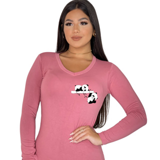 Blusa de Frio Feminina Estampada Dois Pandinhas Gola V Manga Longa Casual, Inverno em Oferta na Shopee