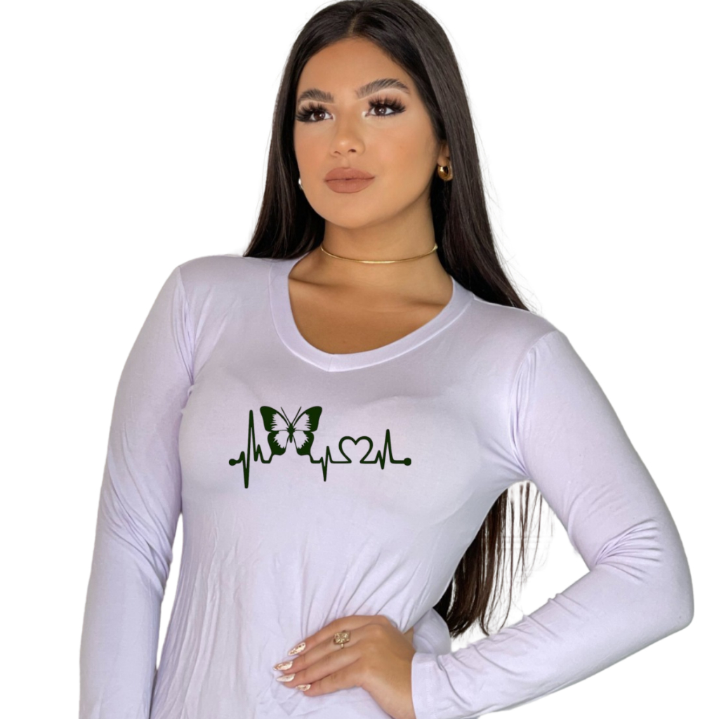 Blusa de Frio Feminina Estampada Borboleta e Coração Gola V Manga Longa Casual, Inverno
