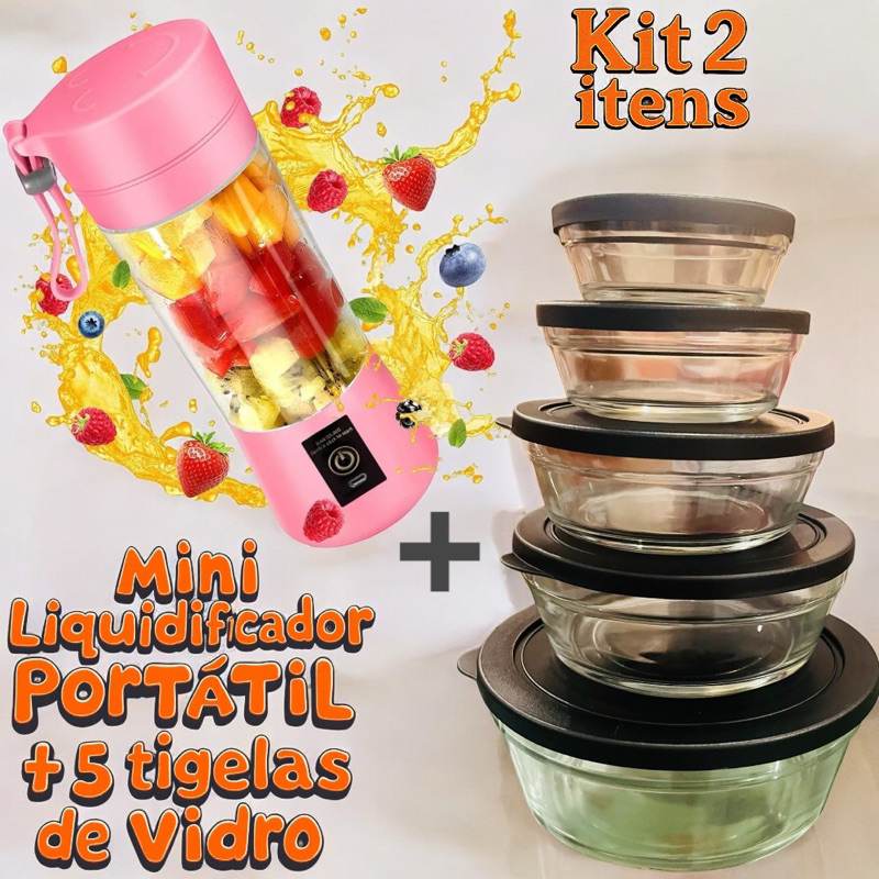 Conjunto com 5 Tigelas de Vidro Multiuso Tampa Vedação e Liquidificador Portátil 380 ML