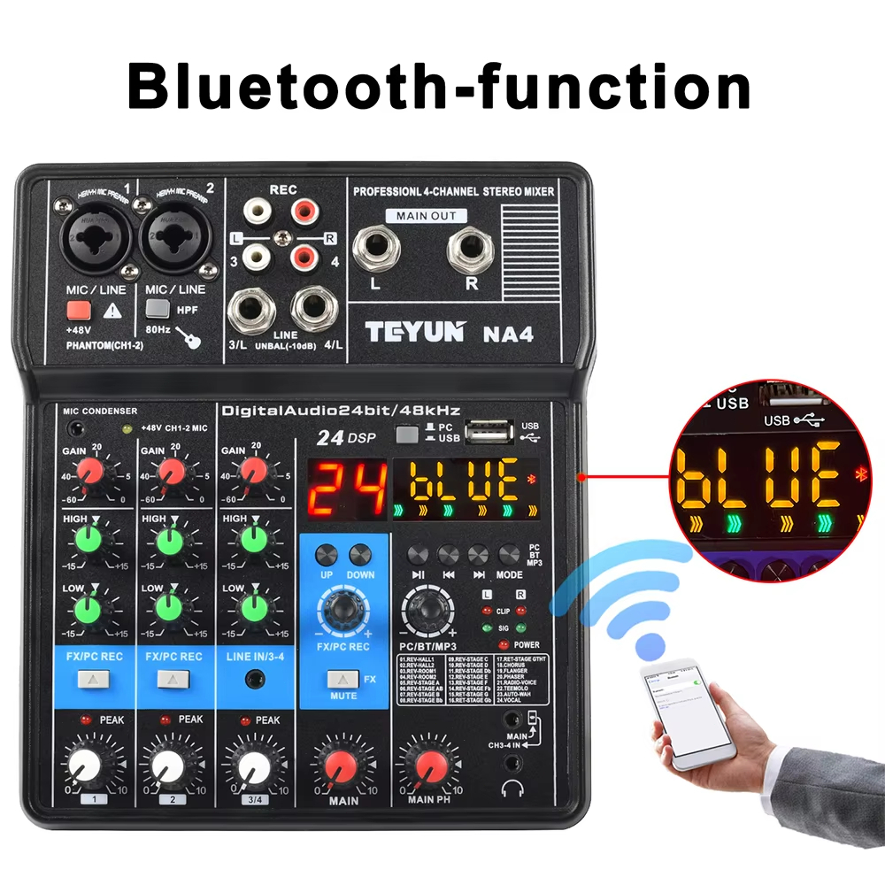 TEYUN 4 Canais Mini Mixer De Áudio Console De Mixagem De Som Portátil Profissional Entrada de computador 110/220V