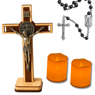 Kit Oratório Quaresma Cruz de Madeira 18cm Vela Led Bateria Terço Hematita em Oferta na Shopee