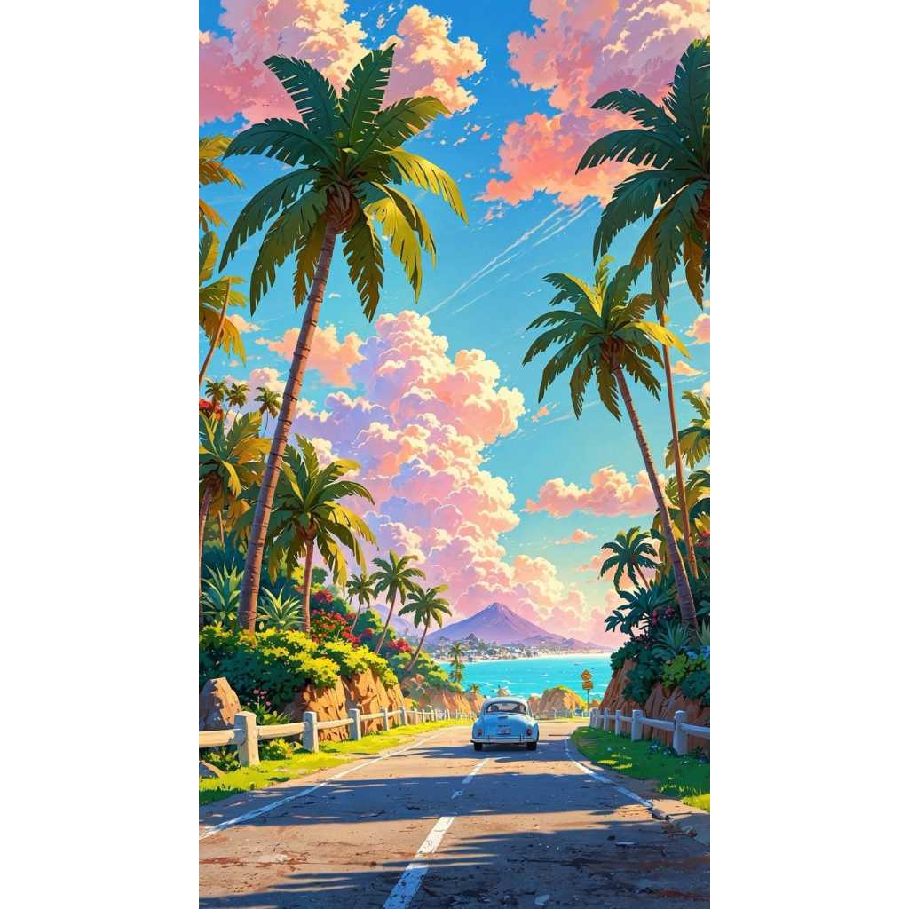 Quadro decorativo estrada para praia coqueiro palmeira e mar 60x40cm