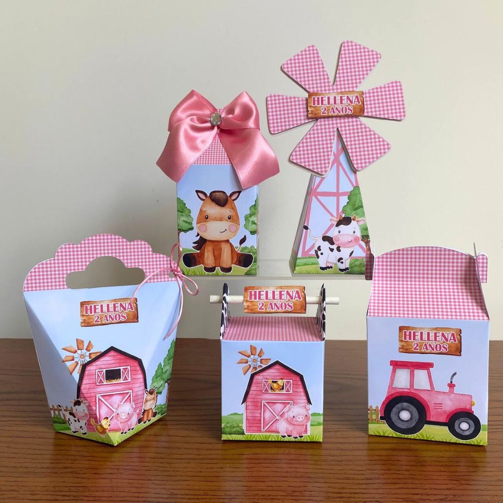 Kit Festa Personalizado Fazendinha Rosa Menina/Lembrancinhas Caixinhas Para Festa - PEGUE E MONTE