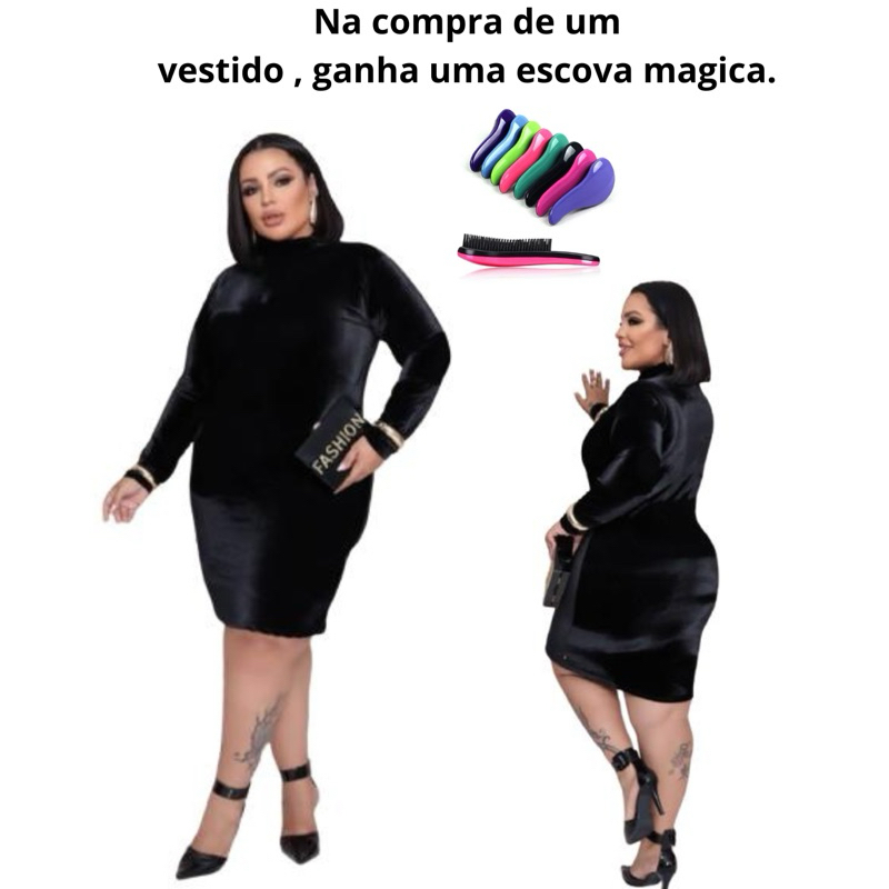 VESTIDO VELUDO PLUS SIZE TUBINHO TUBO COLADO FRIO VERÃO MANGA LONGA CACHARREL MANGA LONGA GANHA UMA ESCOVA MÁGICA CABELO