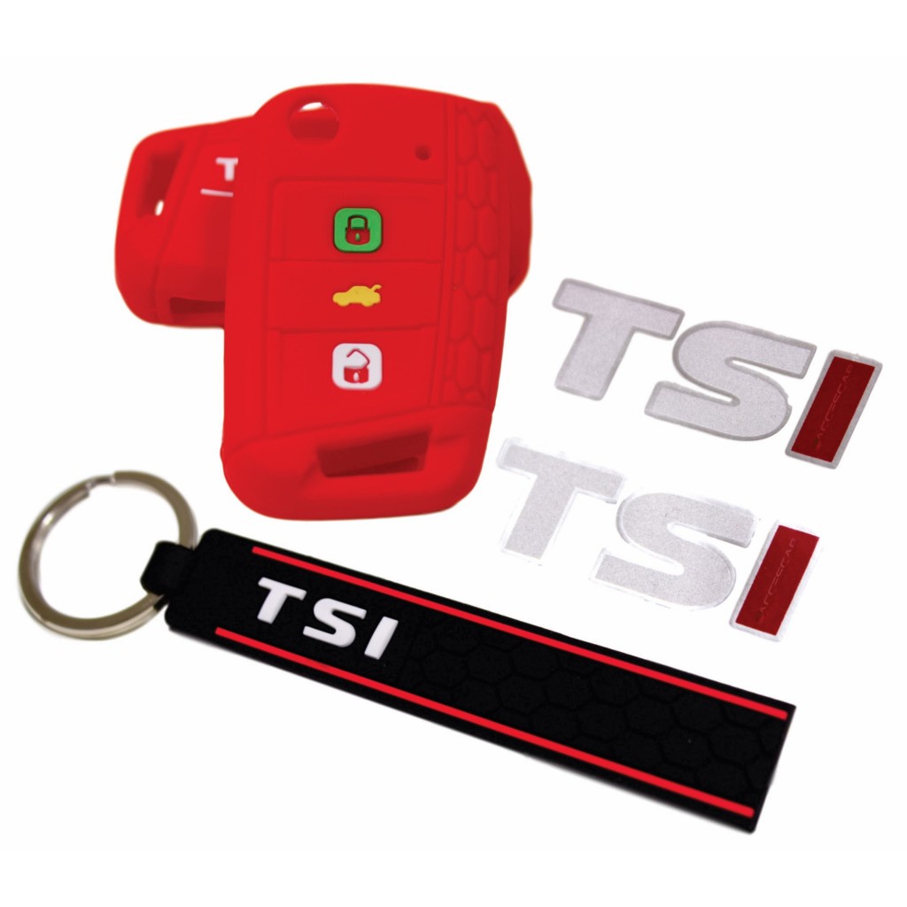 Kit Capa Chave Presencial Silicone VW TSI 3 Botões Vermelho + Chaveiro TSI + Par Adesivos TSI Coluna