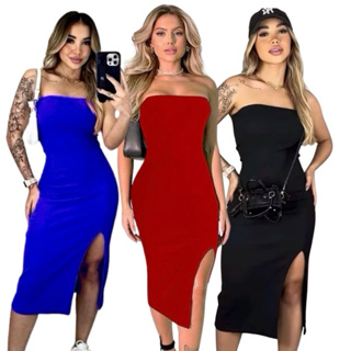 Vestido midi elegante fenda tomara que caia luxo canelado premium vestido feminino tubinho novo em Oferta na Shopee