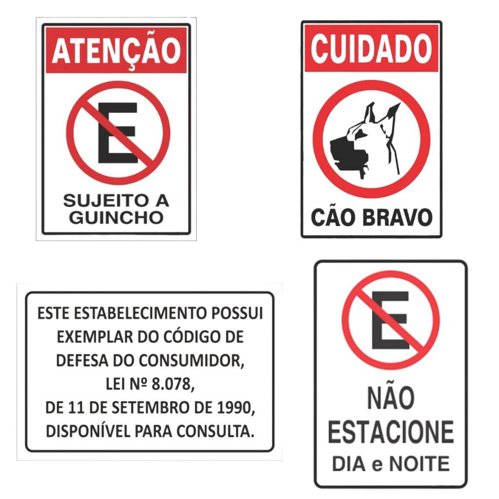 Placa de Sinalização Plástico Portão Cão Bravo Placa Guincho Não Estacione Defesa Consumidor 20x30cm