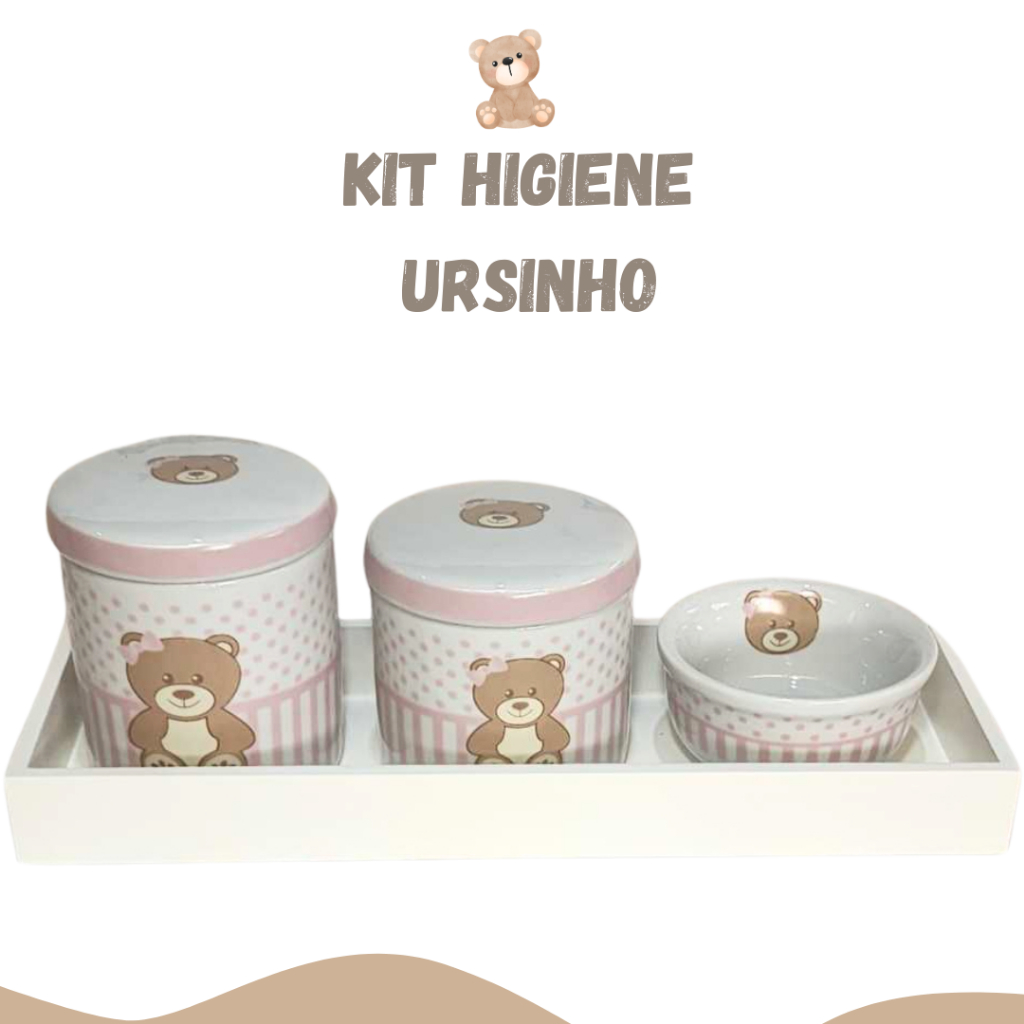 Kit Bebe Higiene Ursinho Rosa Decorativo Organizador Porcelana