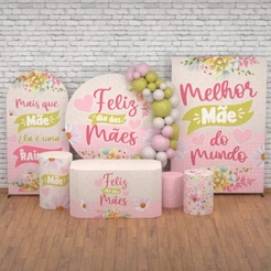 Decoração Dia das Mães: Kit de Capas para Cilindro e Painel Decorativos Dia das Mães Veste Fácil Sublimada
