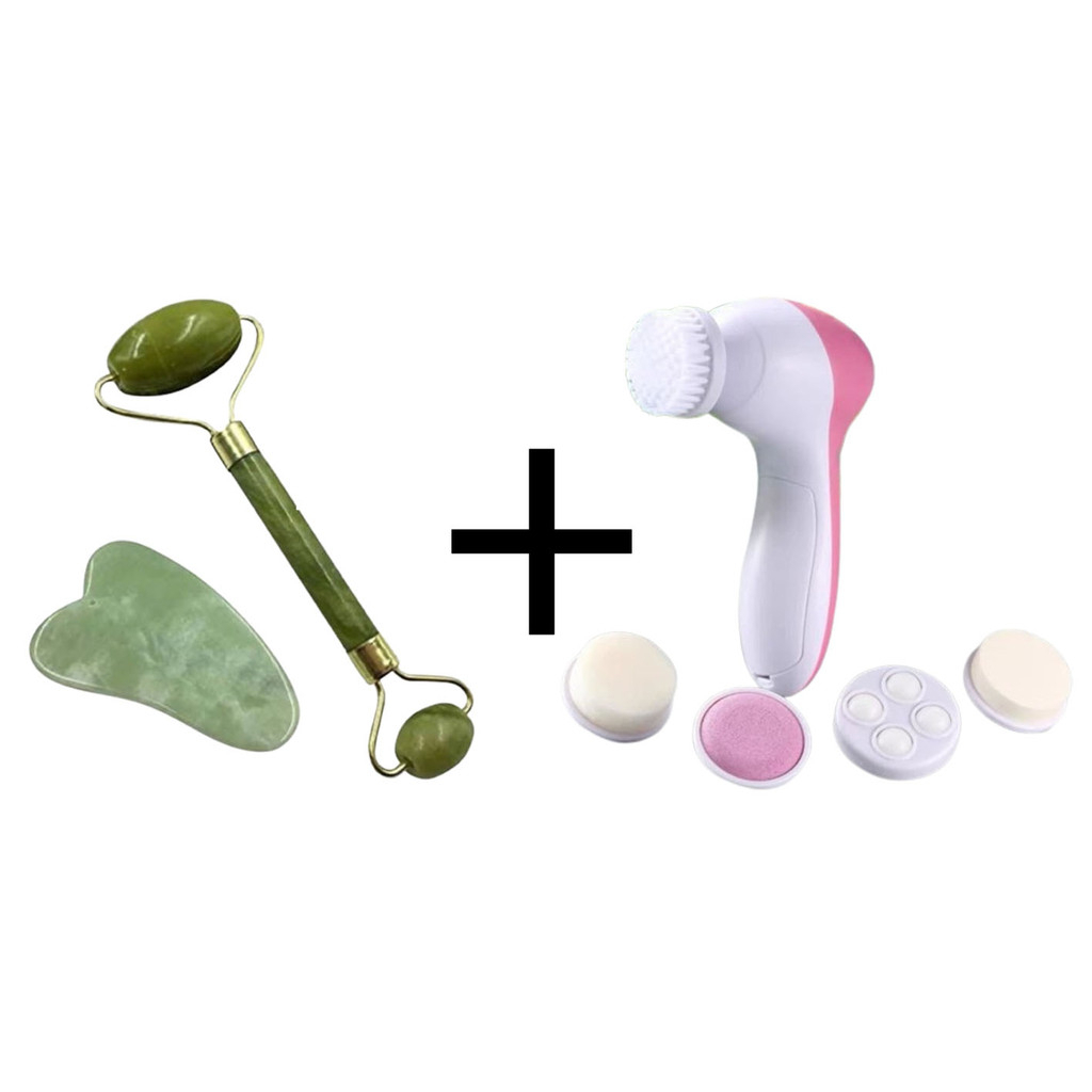 Kit Escova Facial Elétrica 5 em 1 + Rolo + PEDRA GUASHA Facial Pedra Esfoliante em Oferta na Shopee