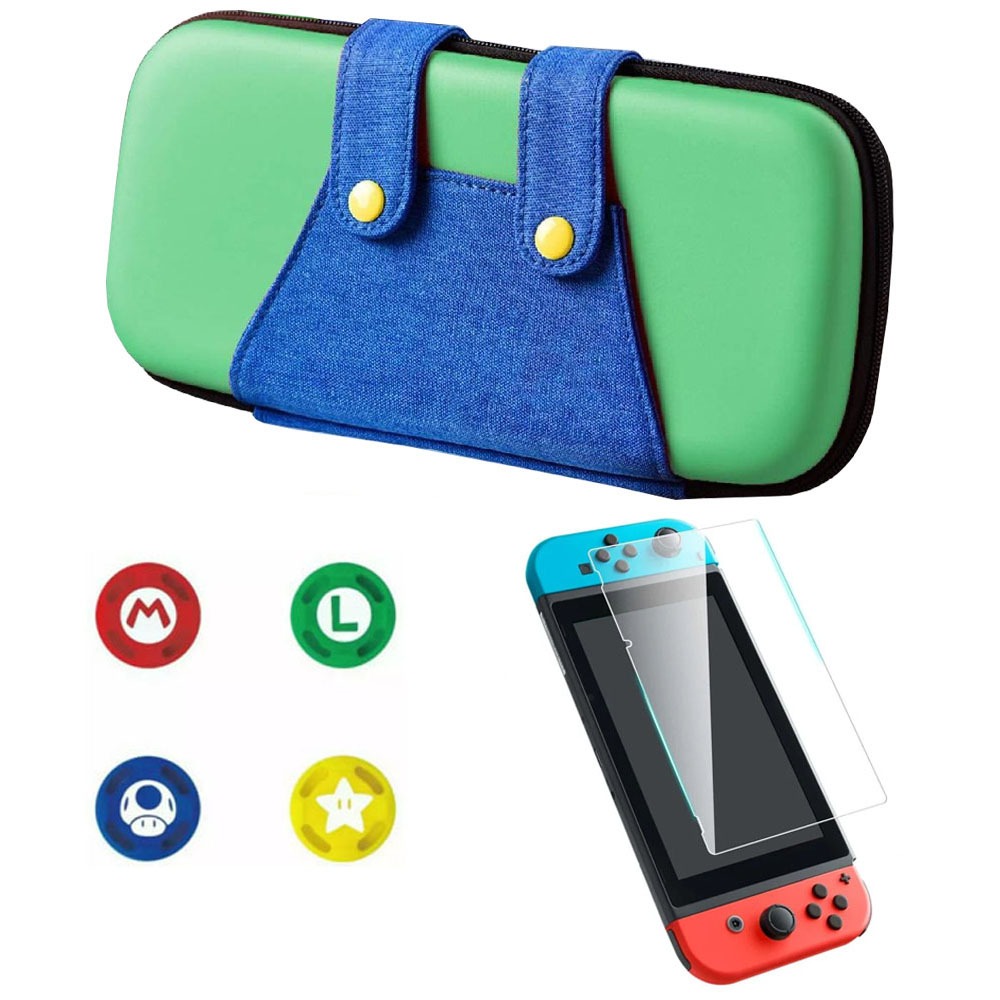 Case Nintendo Switch V1 V2 Luigi + 4 Grips + Película Vidro