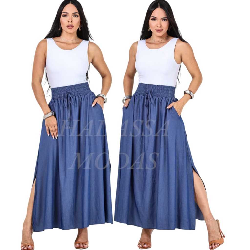 Saia Longa com Fendas Cintura Alta Jeans Chambrey Casual Tendência Estampado em Oferta na Shopee