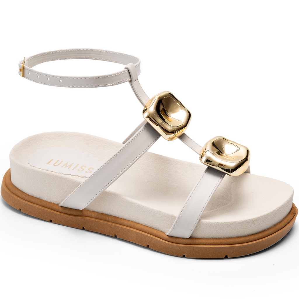 Sandália Papete Feminina Lumiss Confortável Blogueira Enfeite Metalizado Off White