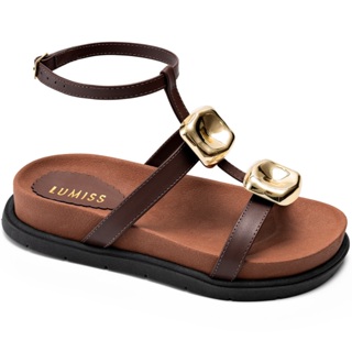 Sandália Papete Feminina Lumiss Confortável Blogueira Enfeite Metalizado Marrom em Oferta na Shopee