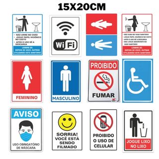 Placa de Sinalização Plástico 15x20cm Aviso Wifi Proibido Fumar Aviso Filmado Lixo no Lixo Placas