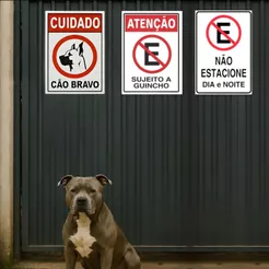 Placa de Sinalização Plástico Cão Bravo Proibido Estacionar Guincho Placa Adesivo Dupla Face 20x30cm