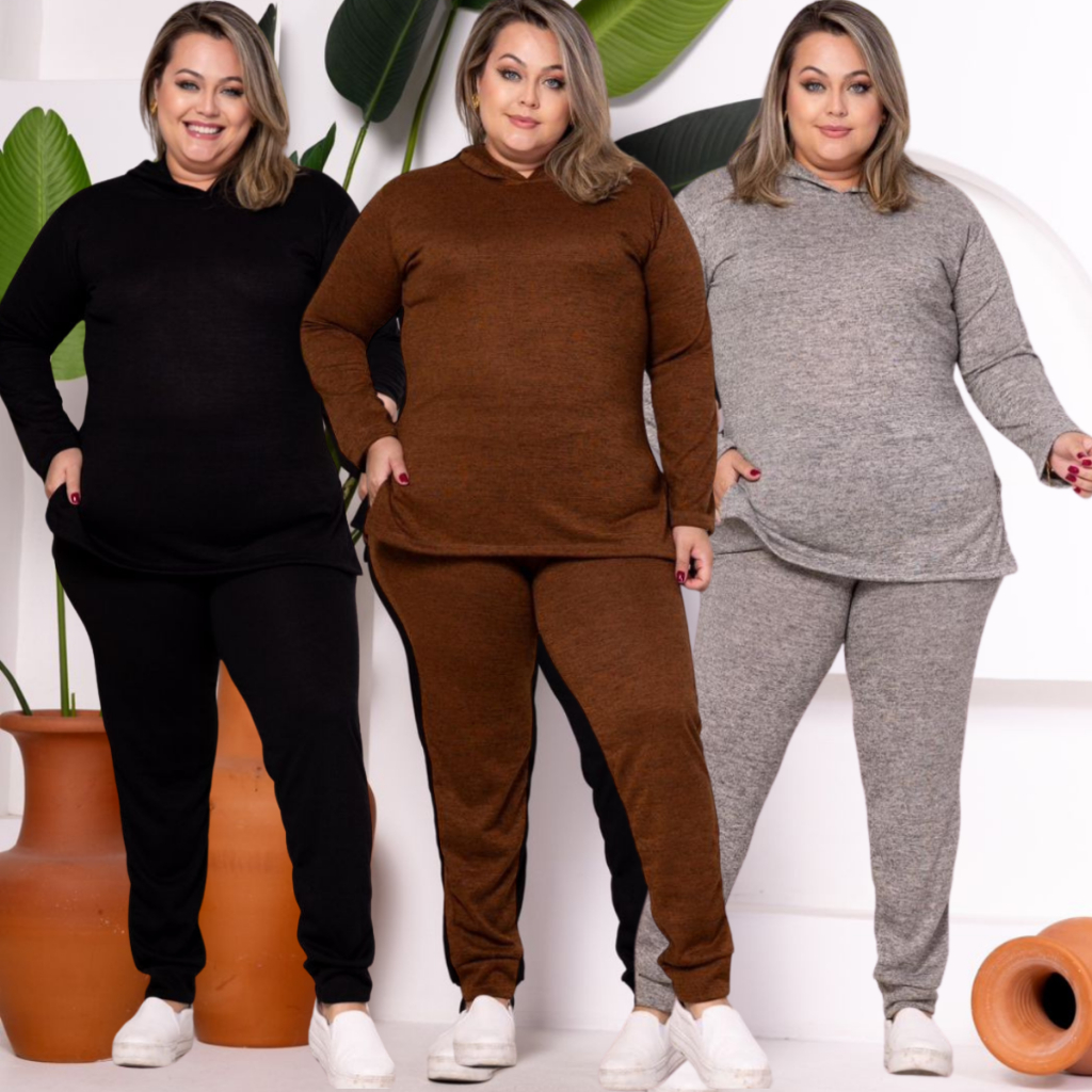 Conjunto Plus size Feminino Lanzinha Com Touca Capuz Inverno 2 peças Calça e Blusa Frio 42 ao 50 em Oferta na Shopee