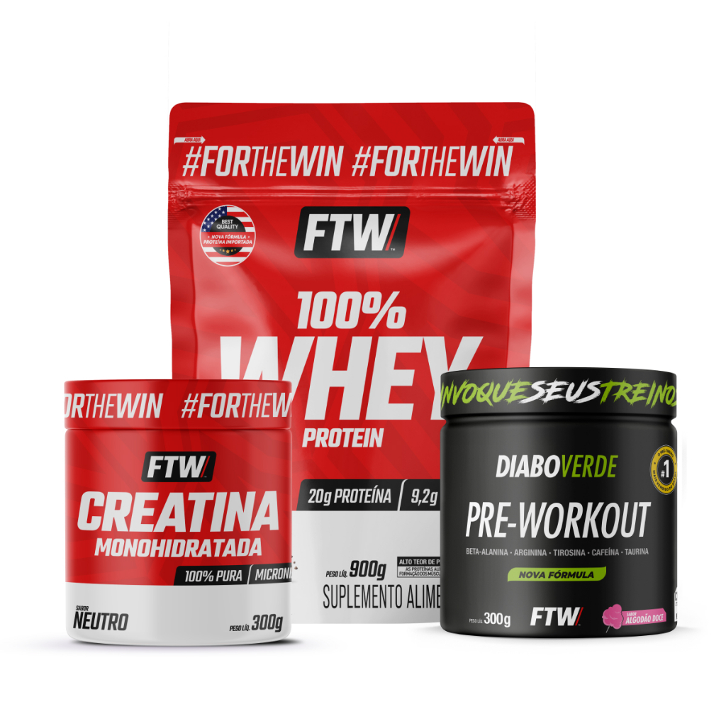 Kit Whey Refil 900g Sabor Doce de Leite + Creatina Monohidratada 300g + Pré-Workout 300g Diabo Verde - FTW - Health