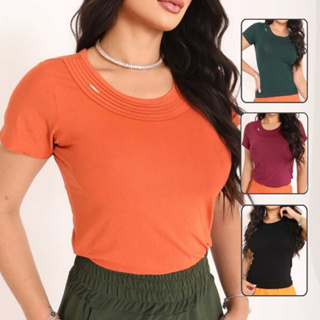 Blusa Feminina Manga Curta Casual na Malha Viscolycra Básica com Detalhe de Vies na Gola e Metal em Oferta na Shopee