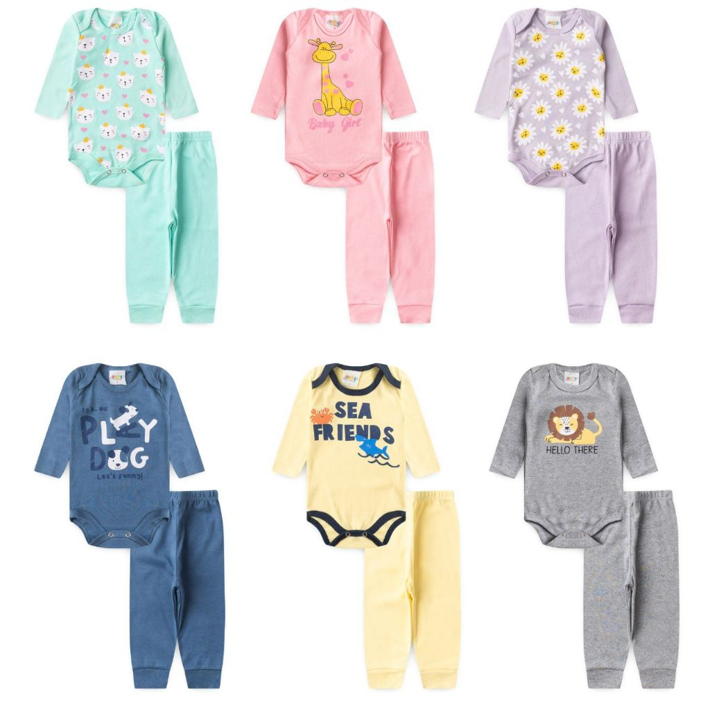KITS CONJUNTOS BODYS  BEBÊS MENINA MENINO SORTIDAS 100% ALGODÃO +CALÇA LISA P AO GG