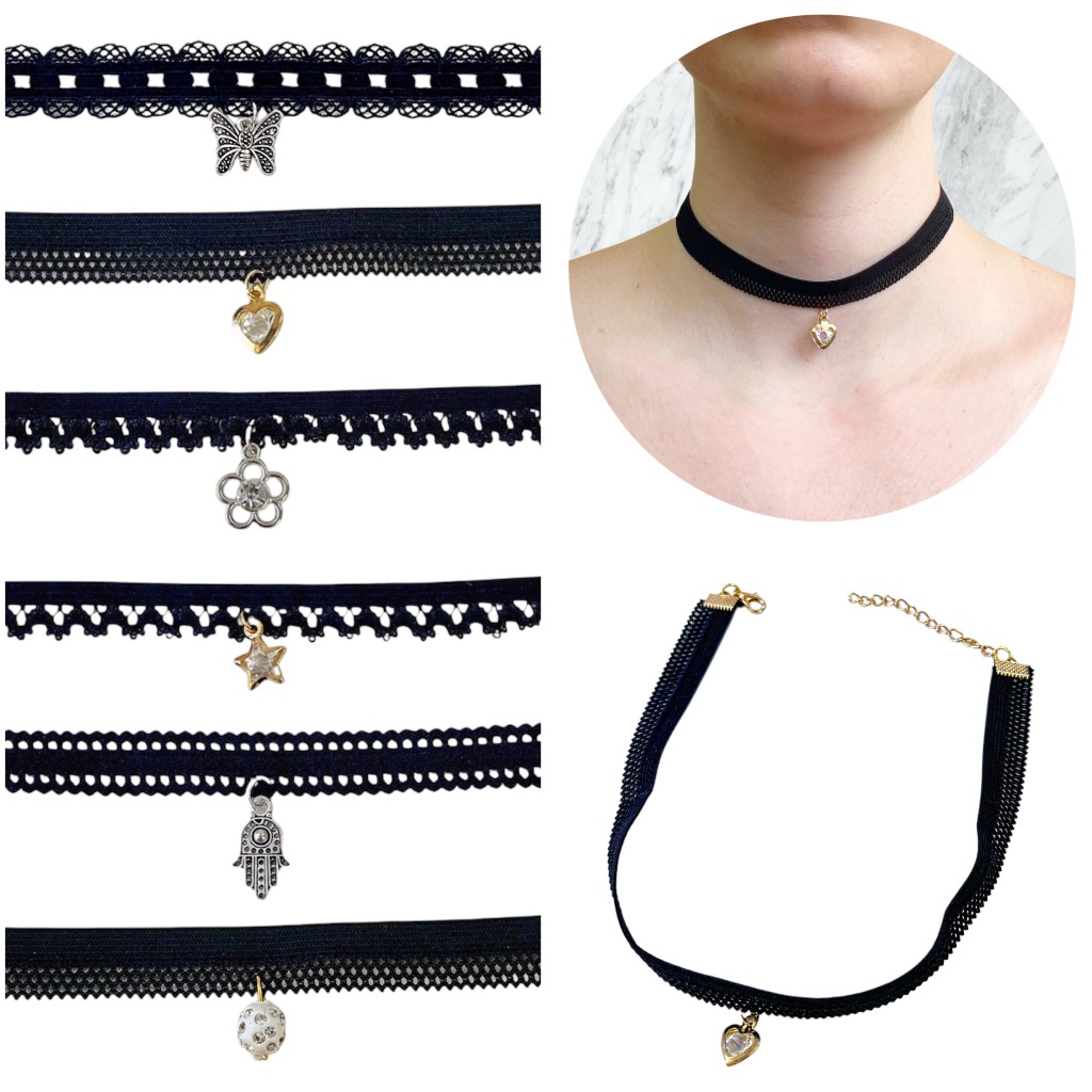 6 Colares Colar Gargantilha Choker Com Renda Rendinha Preto e Pingente Atacado em Oferta na Shopee