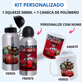 Kit escolar Garrafa + Caneca - Personalizado com nome - Tema Carros em Oferta na Shopee