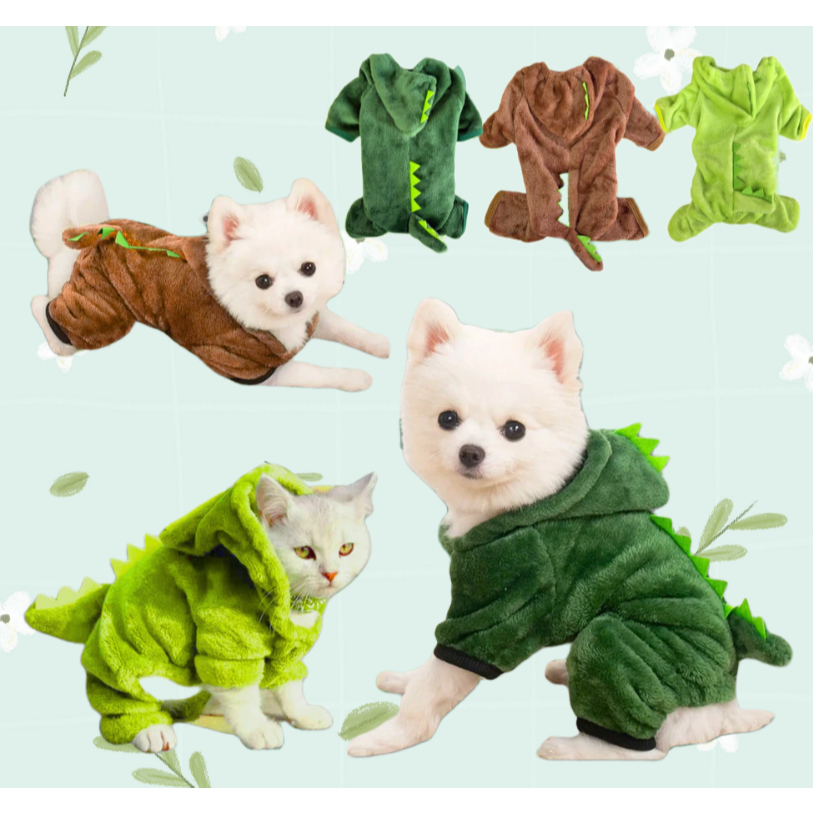 Fantasia de Cachorro Gato Roupa Pet Dinossauro/Ursinho/Coelho/Tigre com Rabinho Capuz Quente