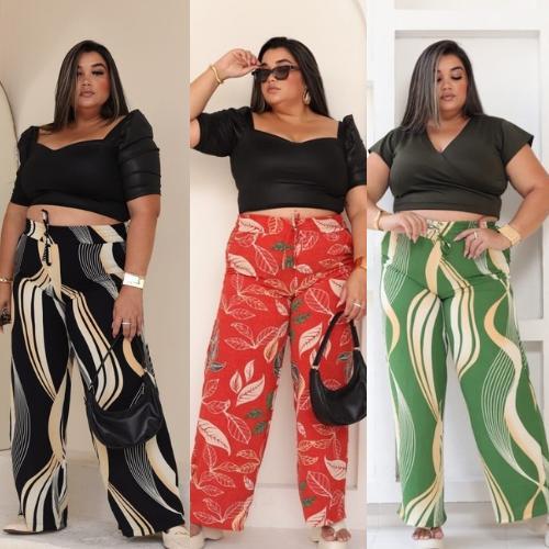 Calça Pantalona Plus Size Feminina Estampado Cintura Alta com Bolso com Elástico na Cintura Estampas em Tendência