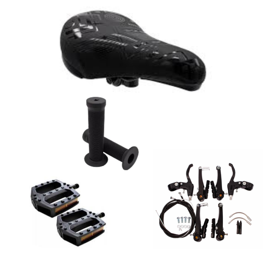 KIT BMX COMPLETO Selim Nitro c/ Carrinho, Manopla GTA Pedal Bicolor Rosca Fina + Freio Completo Vbreak