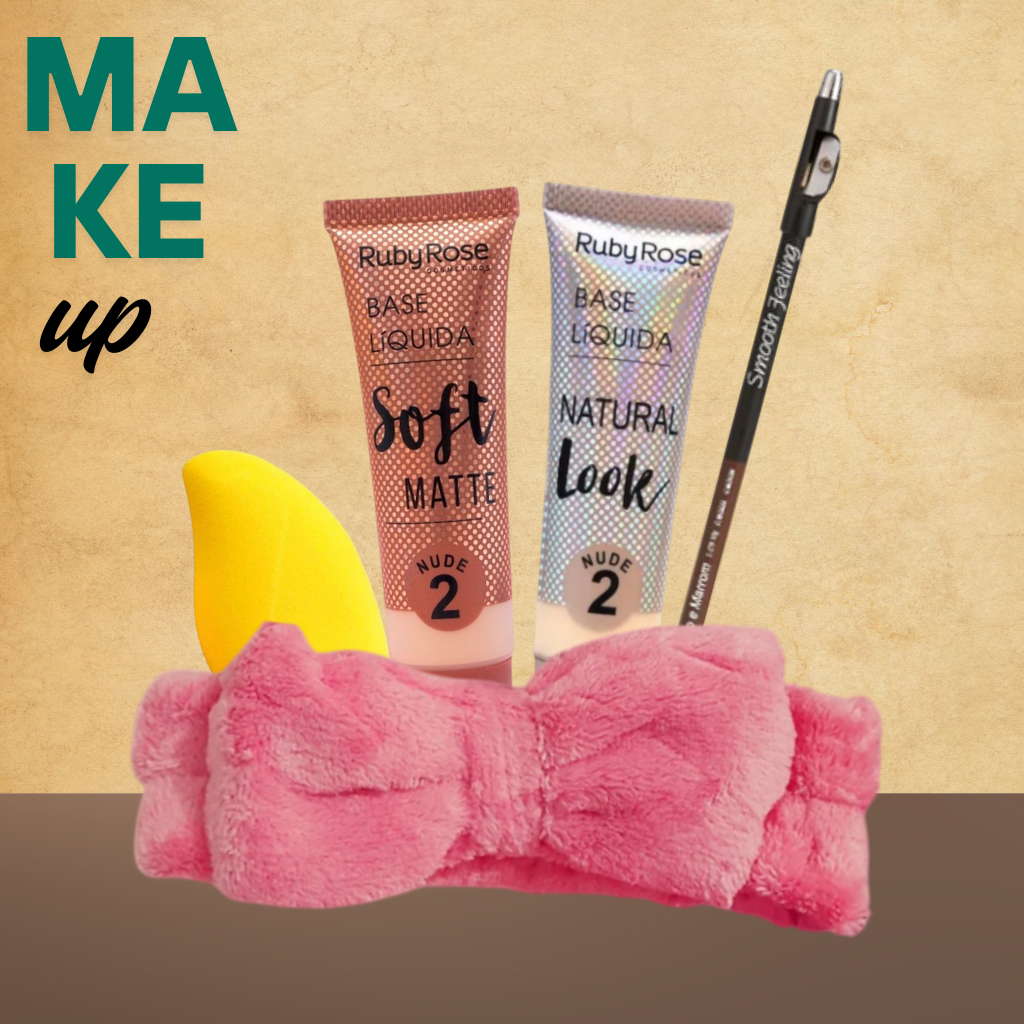 Base Natural Look ou Soft Ruby Rose + Lápis Duo + Apontador, Esponja Mango e Faixa de Maquiagem Kit