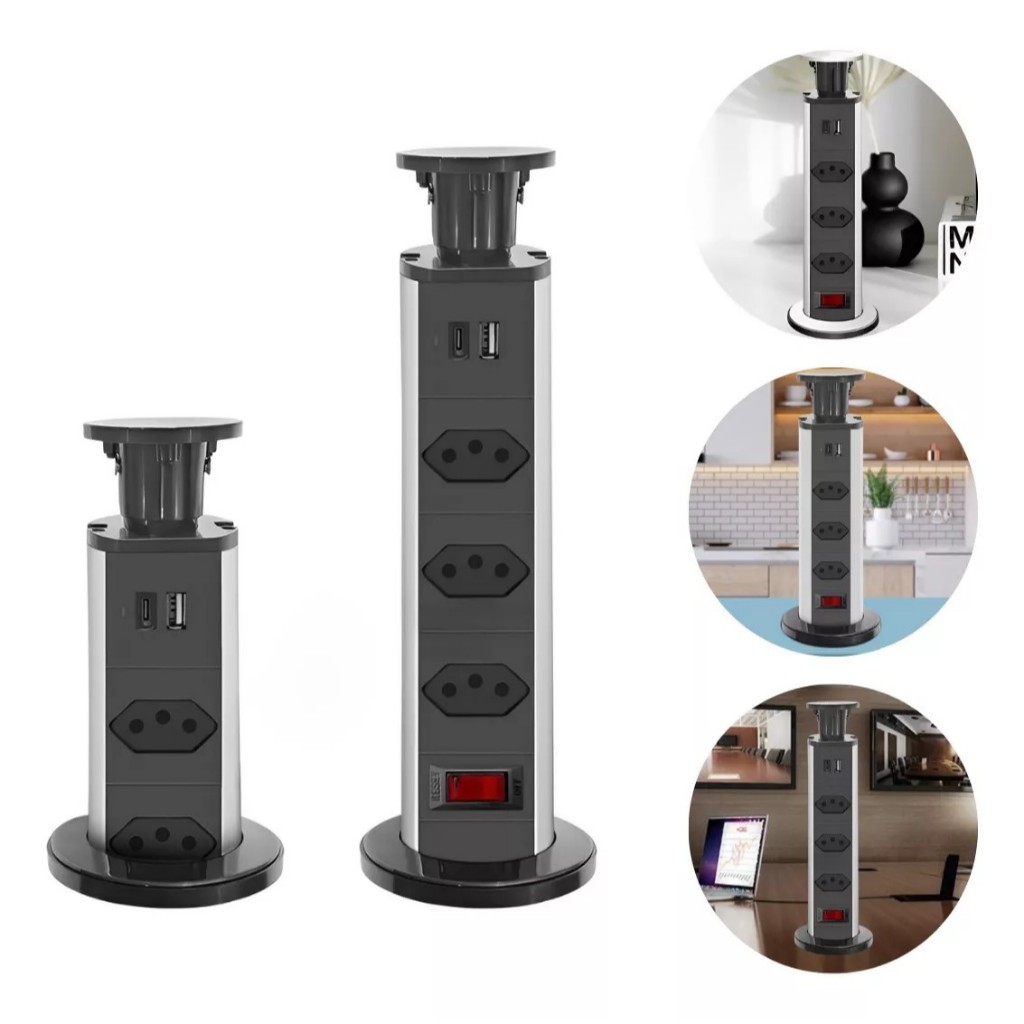 Torre de Tomada Retrátil para Embutir em bancada Regua Mesa Balcão Entrada Usb