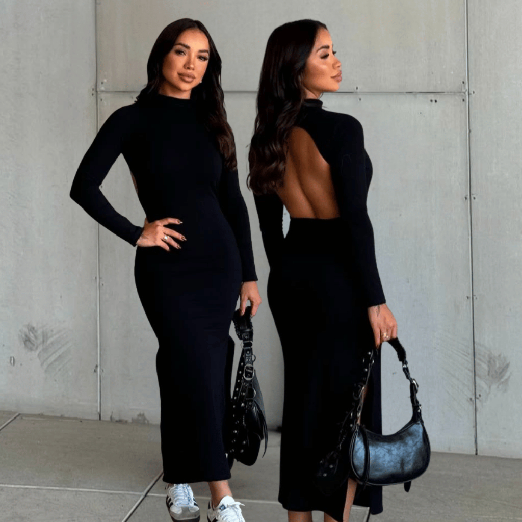 Vestido Midi Longo Manga Comprida Costa Nua Gola Alta Com Fenda Na Lateral Basico Casual