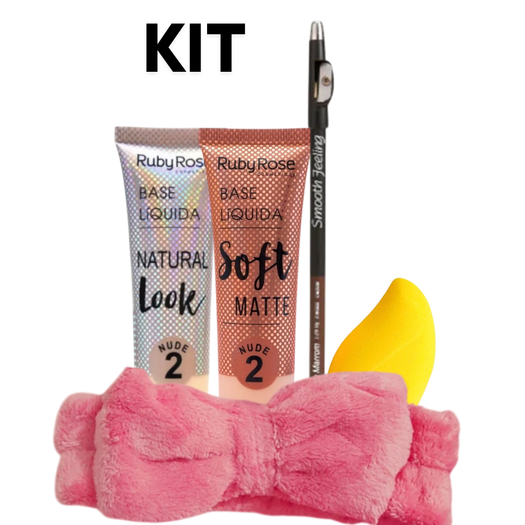Base Soft Ou Natural Look Ruby Rose + Lápis Duo + Apontador, Esponja Mango e Faixa de Maquiagem Kit