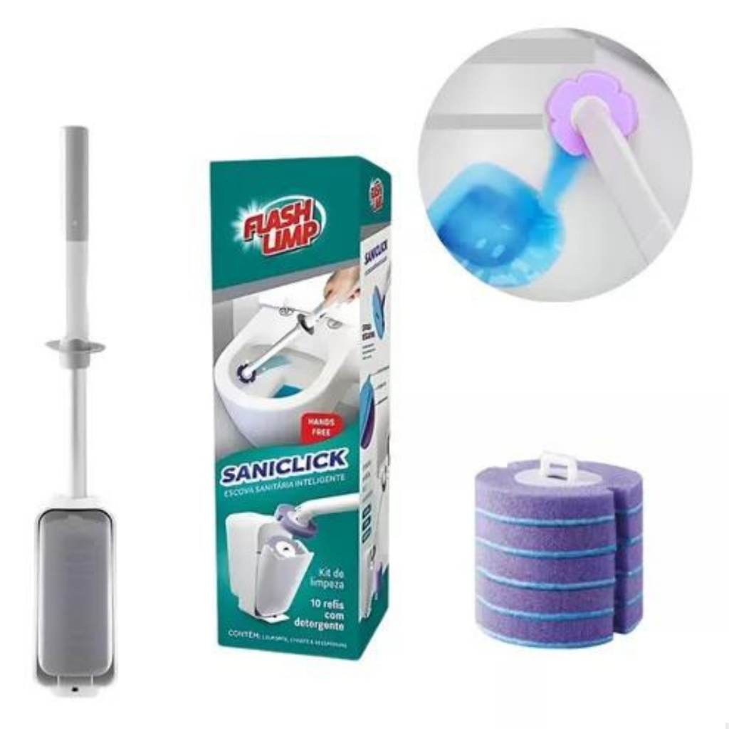 Escova Descartável Vaso Sanitário Parede Banheiro Box Saniclick Flash Limp Com Refil Descartável