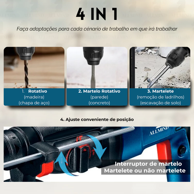 Martelete Rotativo Rompedor de Impacto 1200W com Maleta e 12 Peças — foto 4